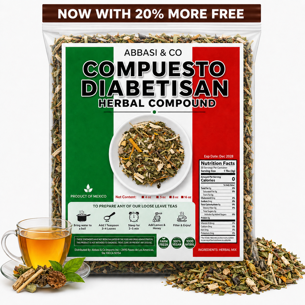 Diabetic Tea 5oz (141g) – 100% Natural Infusion – Blood Sugar Complex tea - Glucose tea , Sugar Balance Makes 40+ Cups – Traditional Ancient Mexican Herbal Mixture