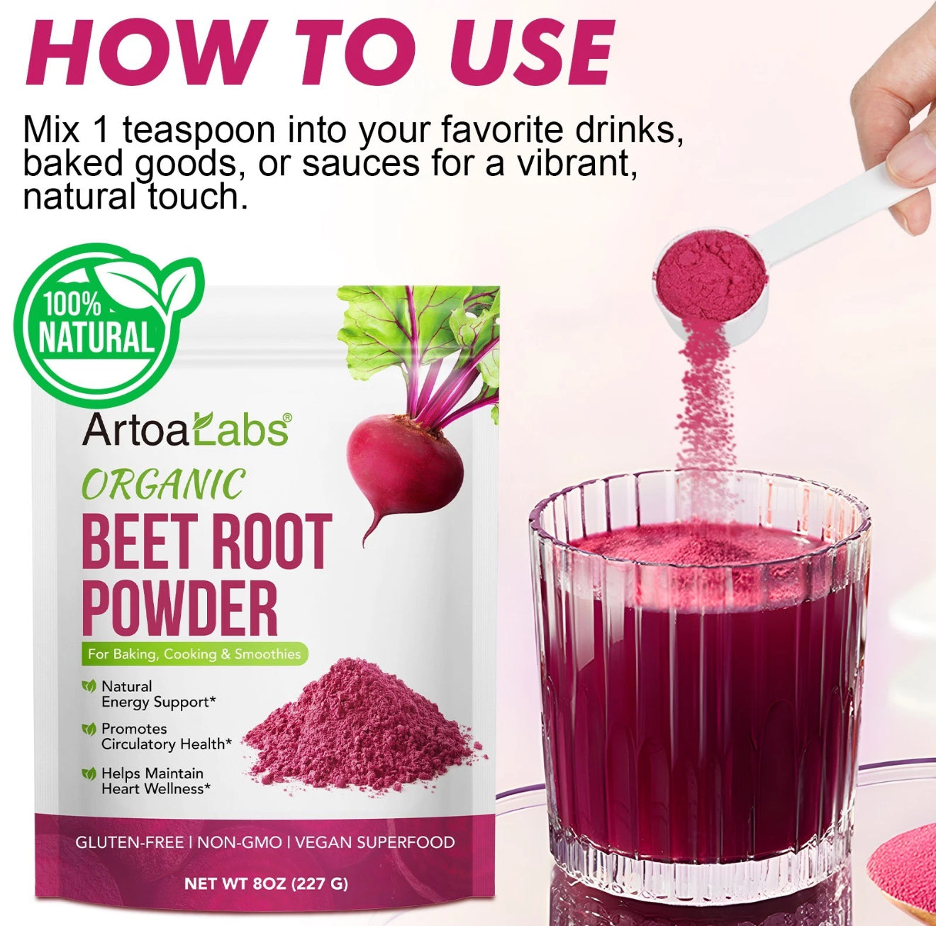 8oz Organic Beet Root Powder for Smoothies, Baking & Juice. Raw Beetroot Superfood & Natural Red Food Coloring (8oz, Non-GMO, Earthy Flavor