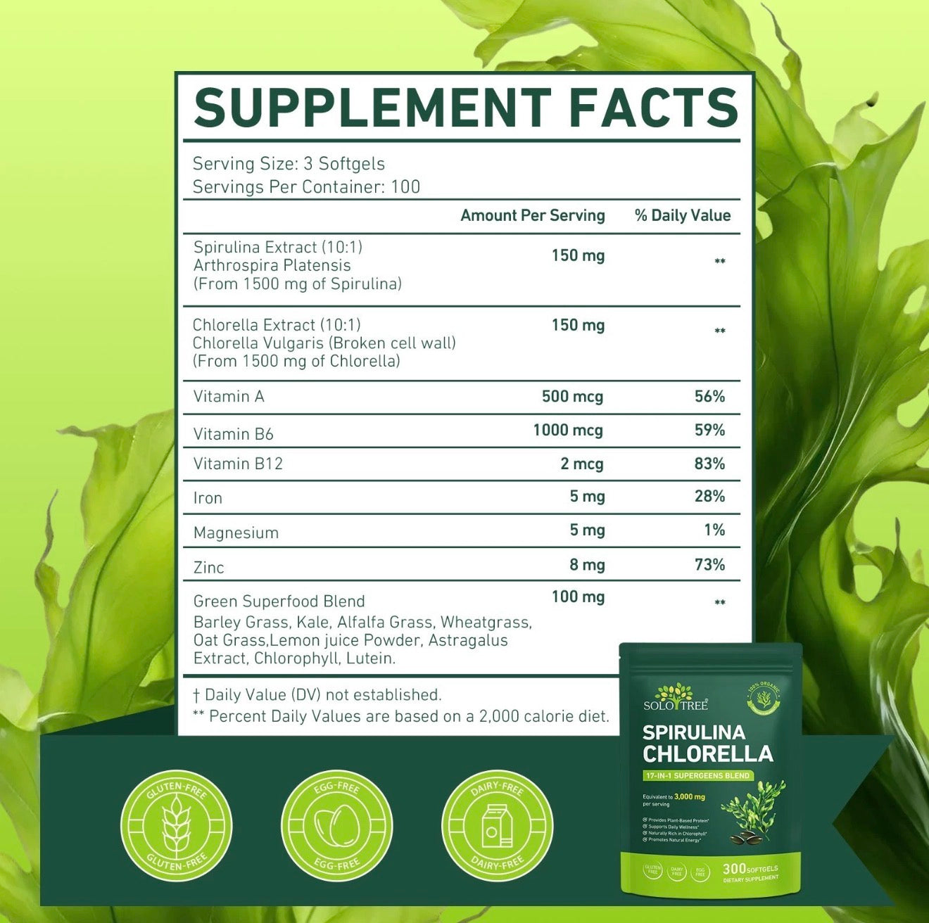 Spirulina Chlorella Softgels | Super Greens Blend with Barley Grass, Kale & Chlorophyll | Equivalent to 3,000 mg per Serving | Plant-Based Protein for Natural Energy & Daily Wellness | 300 Count