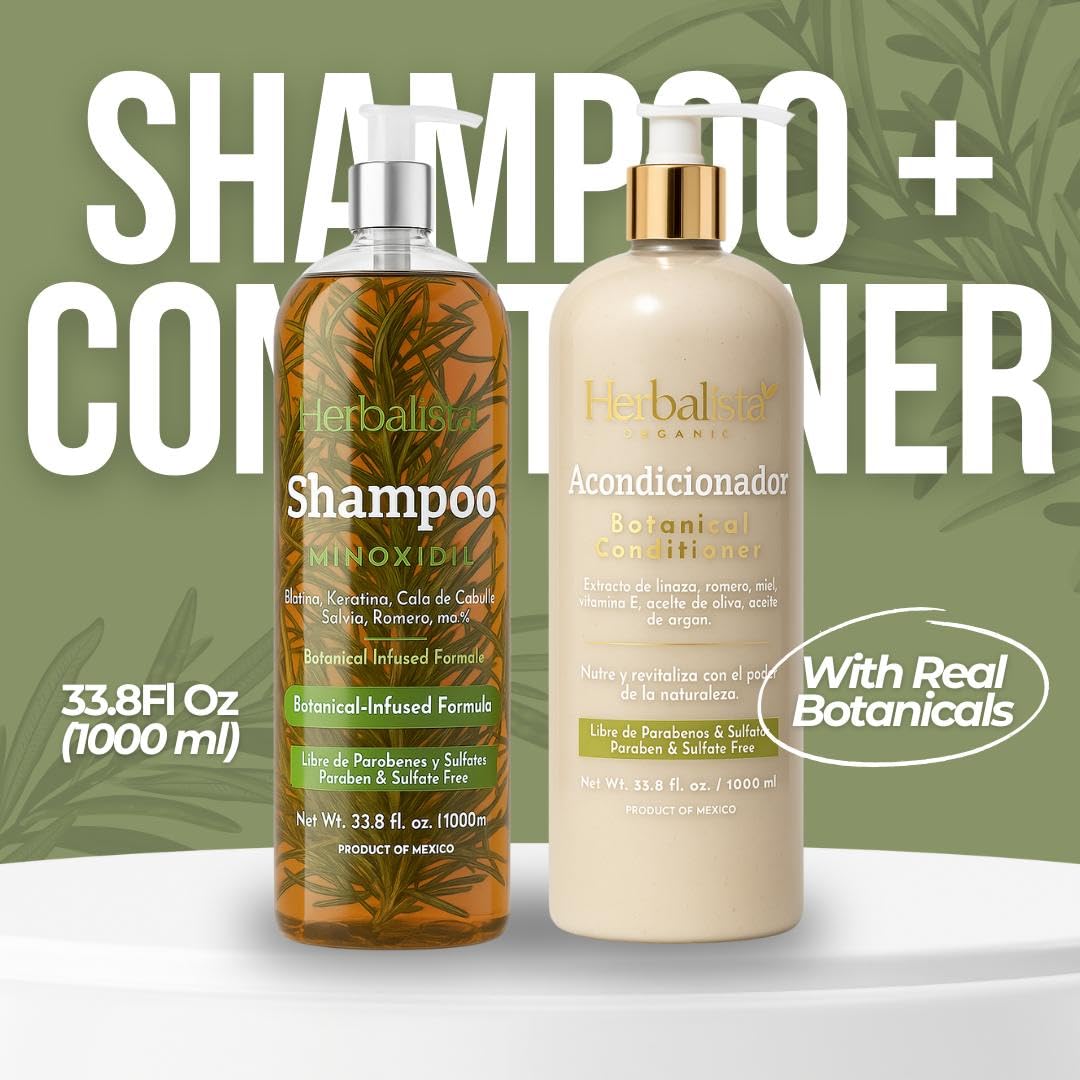 Herbalista Botanical Hair Care Bundle – Minoxidil 5% Strengthening Shampoo 33.8 fl oz + Botanical Conditioner 16.9 fl oz – Rosemary, Aloe, Biotin & Keratin Infused – Paraben & Sulfate Free Hair System