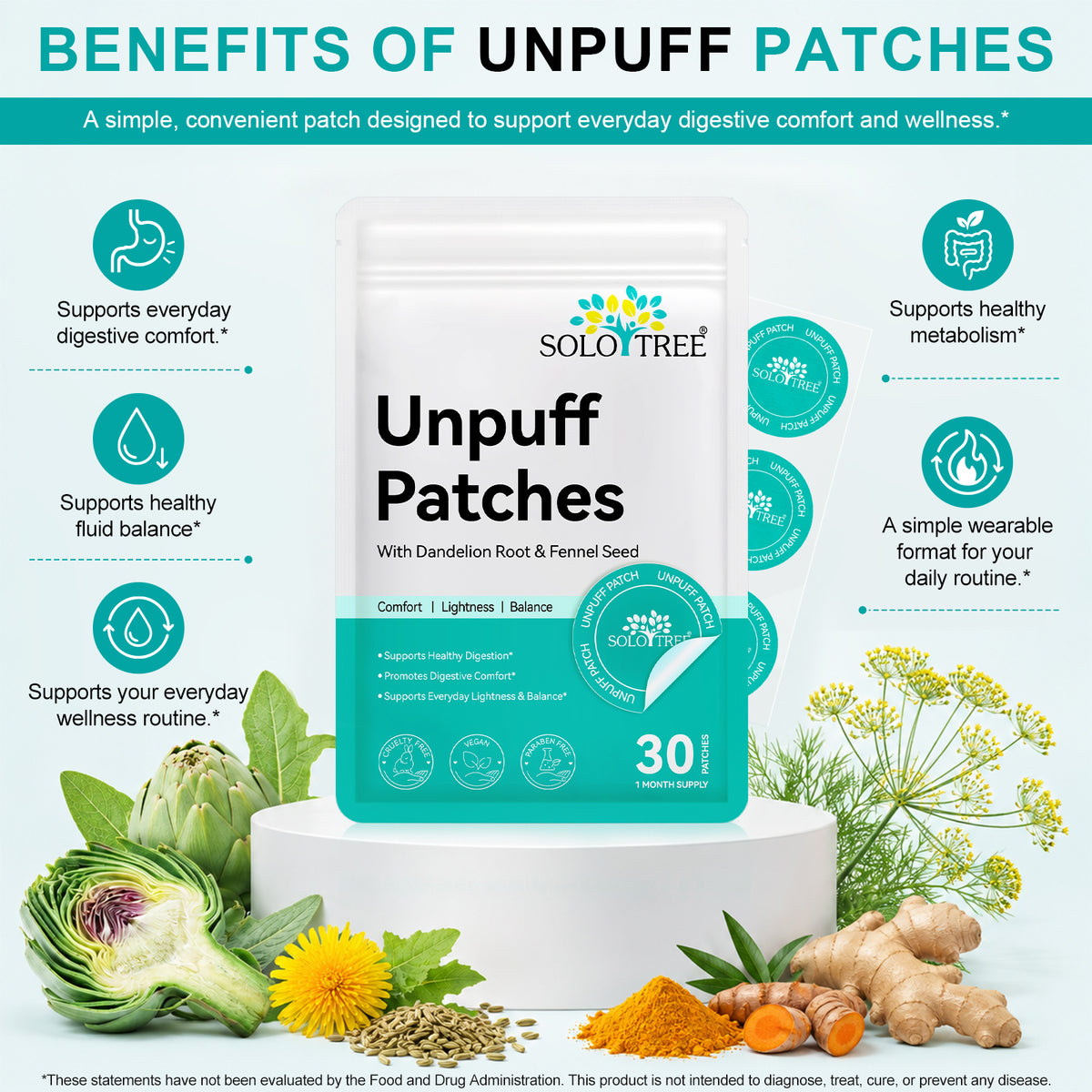 Unpuff Patches with Dandelion Root & Fennel Seed 30 Patches for Comfort Lightness Balance 1 Month Supply