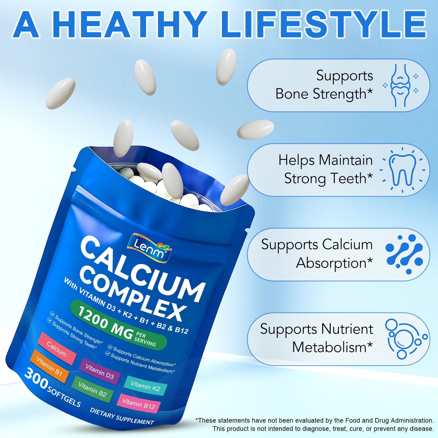 Calcium Complex Supplement with D3, K2, B1, B2 & B12 | Supports Bone Strength and Healthy Teeth | Easy to Digest | for Men & Women