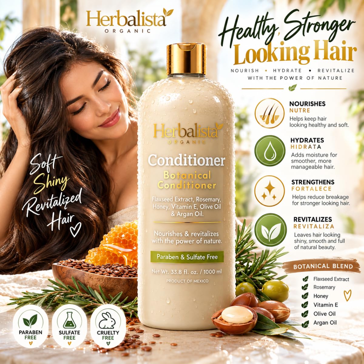 HERBALISTA Botanical Conditioner 33.8 fl oz (1000 mL) – Rosemary, Flaxseed, Honey, Vitamin E, Olive & Argan Oil – Acondicionador Botánico for Soft, Smooth & Manageable Hair