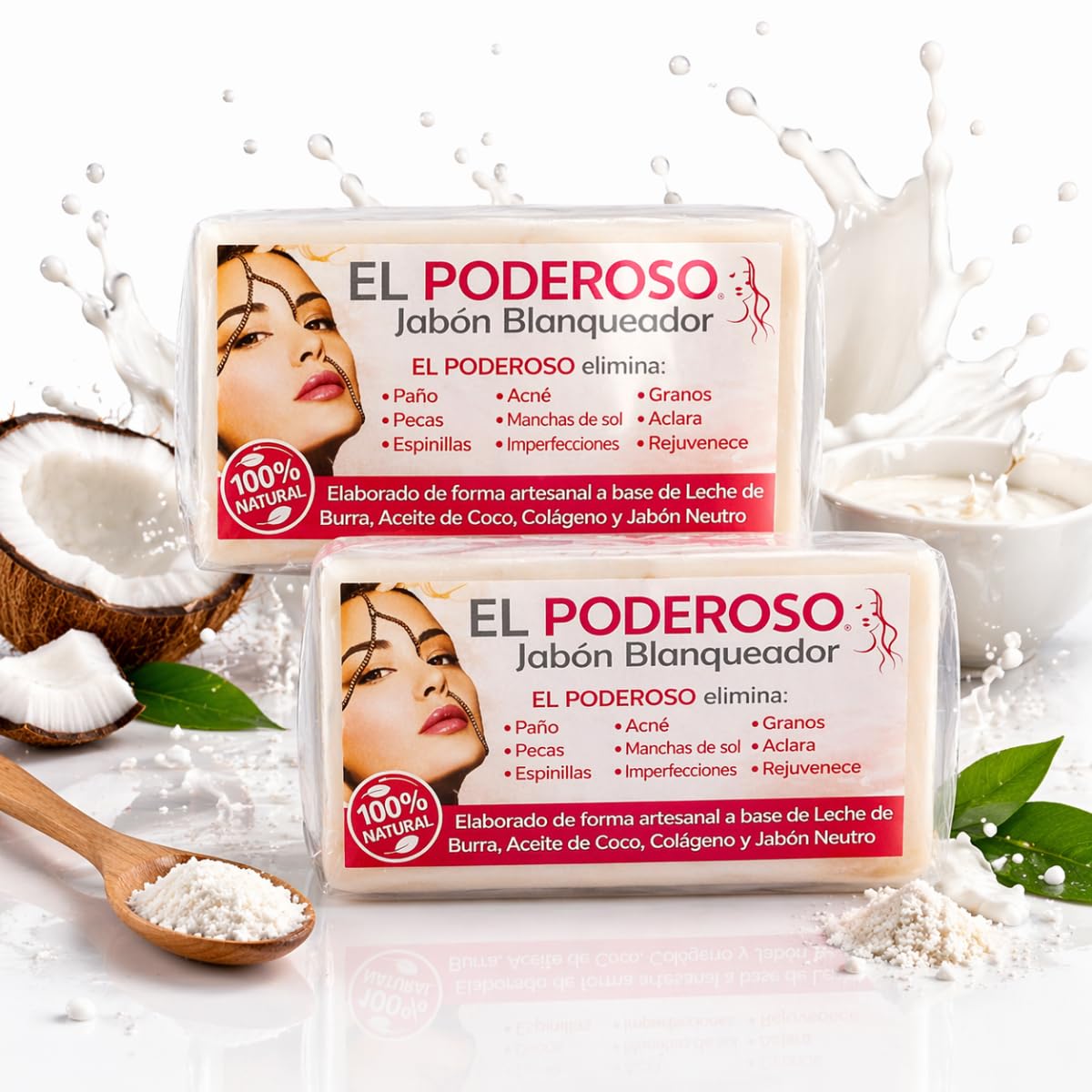 2 pack - El Poderoso Jabon Handmade Soap El Poderoso Skincare 100g (each) Goat Milk & Coconut Oil, Collagen Infused, Targets Acne & Dark Spots, 100% Natural, Handmade Bar Soap