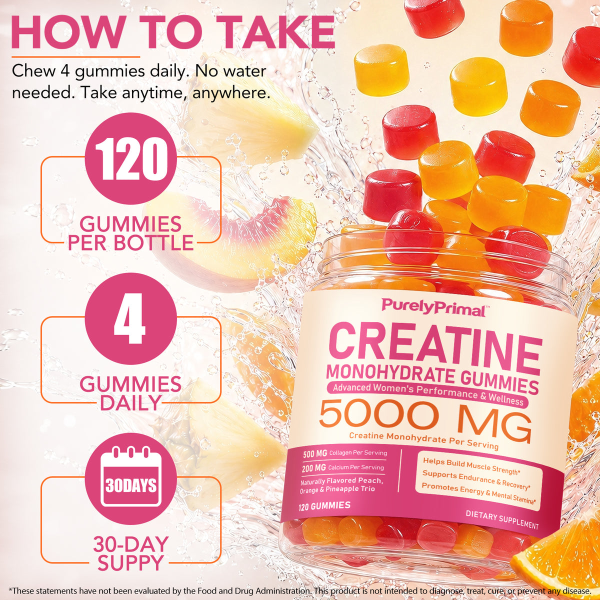Creatine Monohydrate Gummies 5000 MG for Women's Performance & Wellness 120 Gummies Peach Orange Pineapple Flavor
