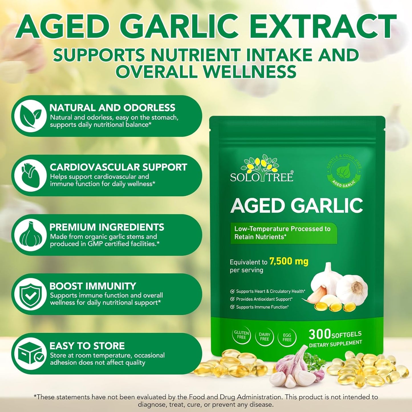 Odorless Aged Garlic Extract Softgels 7500mg per Serving - 300 Count Heart & Immune Health