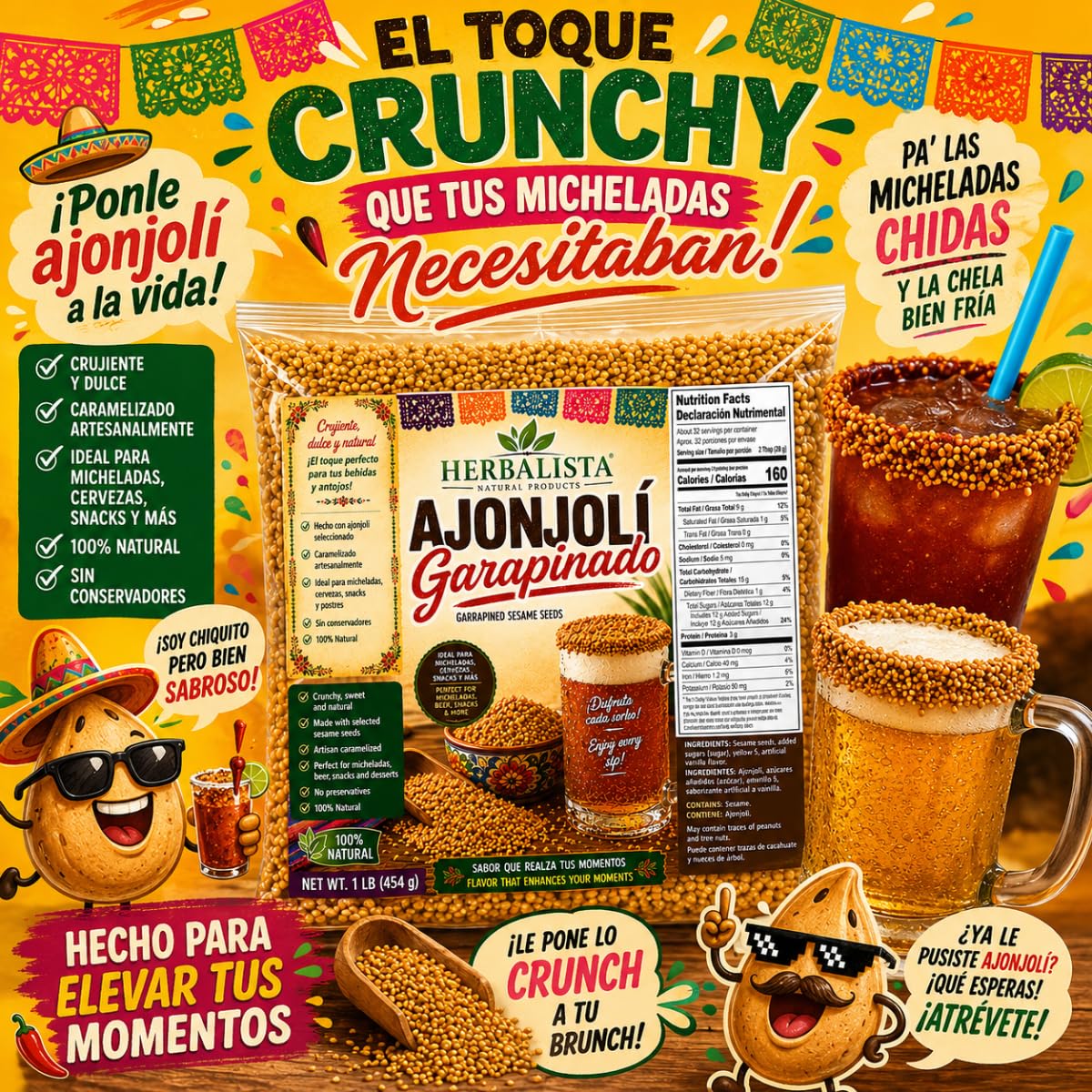 Ajonjolí Garapiñado 8 oz (227 g) | Caramelized Sesame Seeds | Sweet Crunchy Rim Garnish for Micheladas, Beer, Cheladas, Snacks, Fruit Cups & Desserts | Authentic Mexican Style