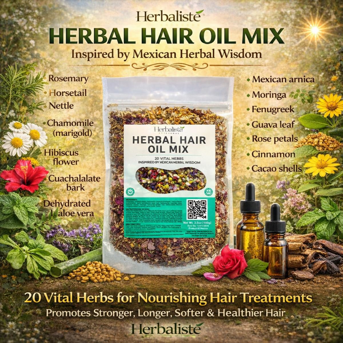 Herbal Hair Oil Mix 3.5oz (100g) | 20 Mexican-Inspired Ayurvedic Herbs | Longer-Looking Hair, Stronger-Feeling Roots, Fuller Volume & Natural Shine | DIY Oil Infusion | Hair Care