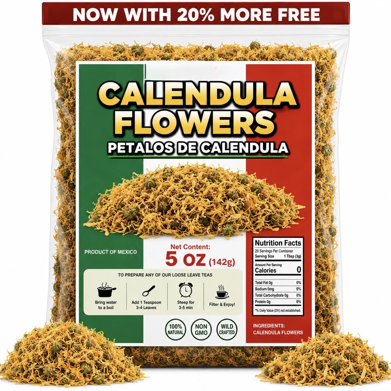 5oz Calendula Herbal Tea – Dried Marigold Flower Petals (Flores de Caléndula) – Loose Leaf Herbal Te, Culinary & Topical Use – Wildcrafted, Non-GMO IMPORTED FROM MEXICO