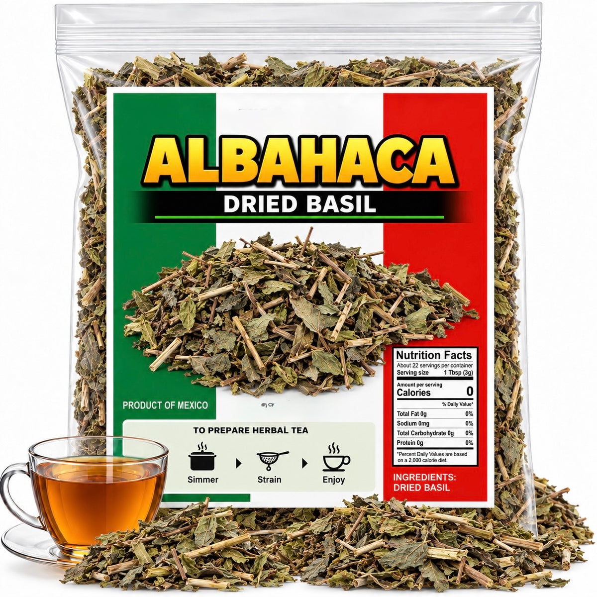 Albahaca Dried Basil - Albahaca Seca para Té y Condimento (Dried Basil Leaves – 4 oz (113 g) – 100% Natural, Non-GMO, Vegan – Loose Leaf for Tea & Seasoning – IMPORTED FROM MEXICO