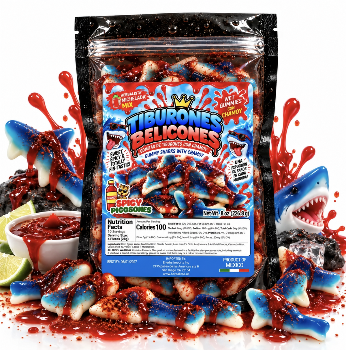 Mexican Candy Tiburones Belicones Spicy Picosomes - 8 oz Gummy Shark Treats with Chili Flavor - Fun & Tasty Mexican Snack
