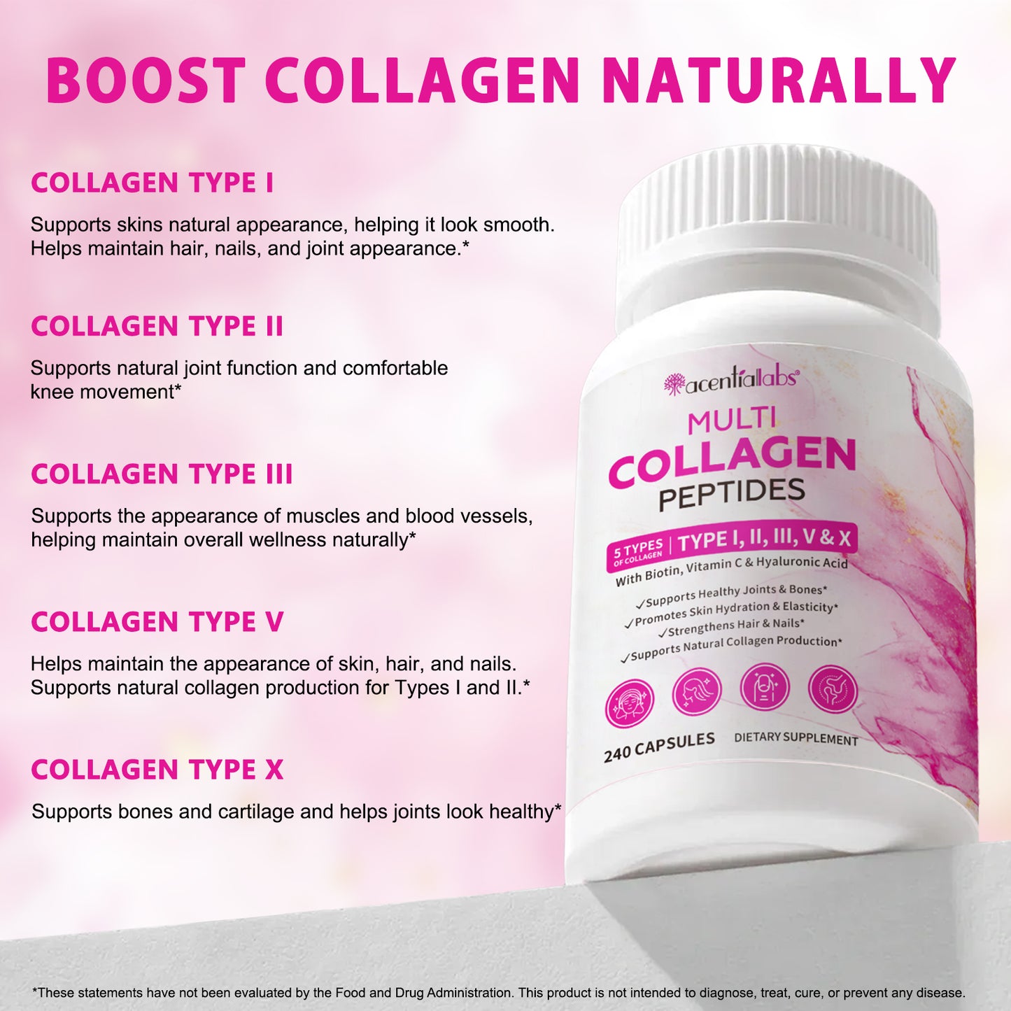 Multi Collagen Peptides Capsules with Biotin, Vitamin C & Hyaluronic Acid – 5 Types Collagen I, II, III, V & X – Supports Skin, Hair, Nails & Joint Health – 240 Capsules Dietary Supplement
