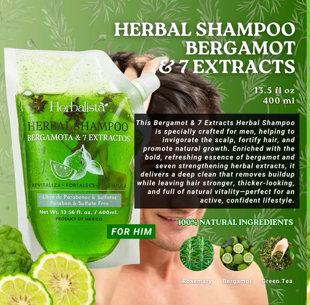 Herbalista Bergamot Herbal Shampoo 400ml With 7 Extracts: Rosemary, Ginger, Anise, Green Tea, Horsetail & Cinnamon – Add Herbal Bag to Activate Natural Benefits