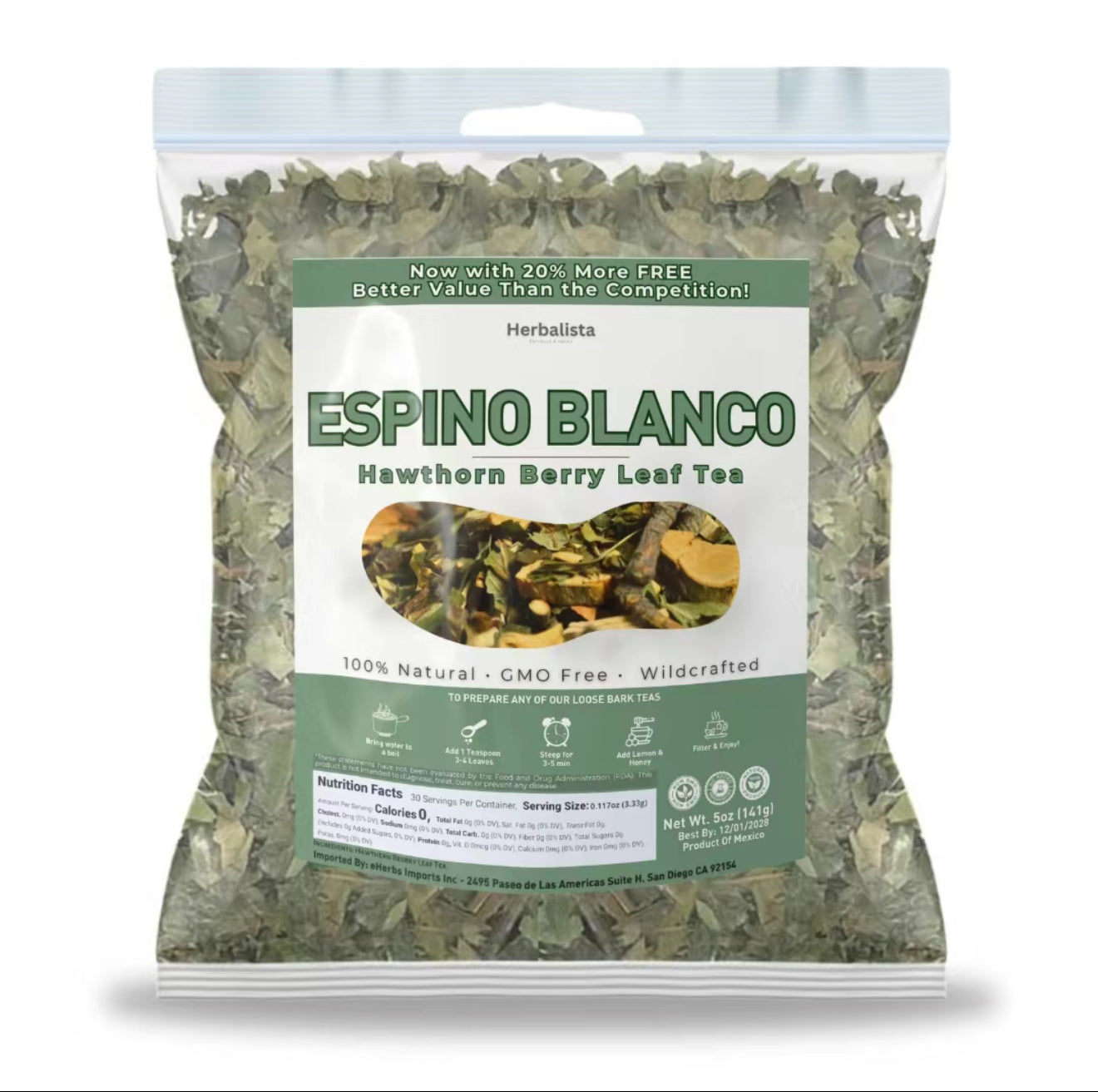 5oz (141g) Espino Blanco Te Herbal (Hawthorn Berry) Herbal Tea - Premium Hoja de Calidad | 100% All-Natural Loose Leaf| Non-GMO Mexican Herbal Tea Wildcrafted.