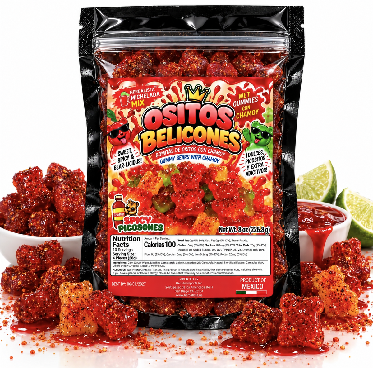 Mexican Candy Ositos Belicones Sweet & Spicy Bear-Liquor Gummy Bears with Chamy 9 oz Mexican Snack