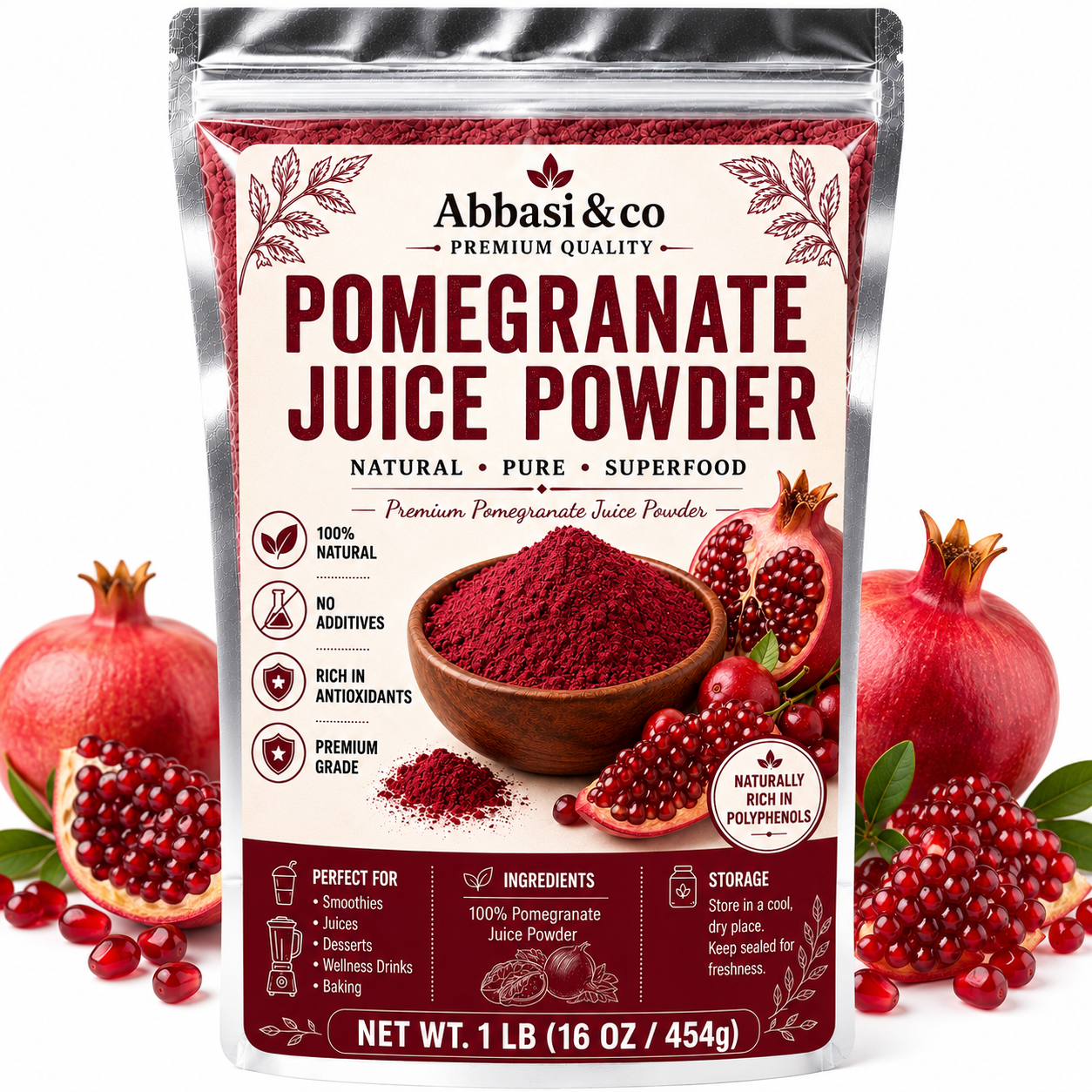1LB Premium Quality Pomegranate Juice Powder 100% Freeze-Dried, Superfood, Natural Rich in Antioxidants No Additives Perfect for Smoothies Juices Desserts