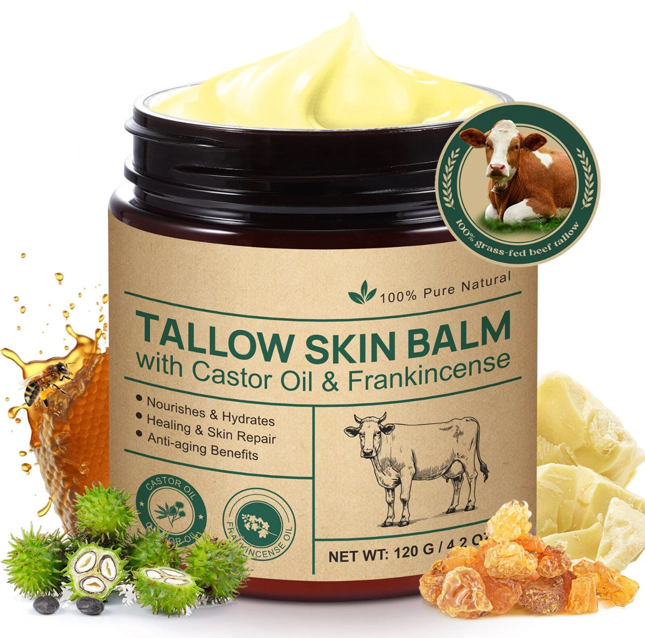 Frankincense & Castor Oil Beef Tallow Grass Fed & Finished Organic Moisturizer for Skin Hydrating & Nourishing for Cracked, Dry Skin Age Defying
