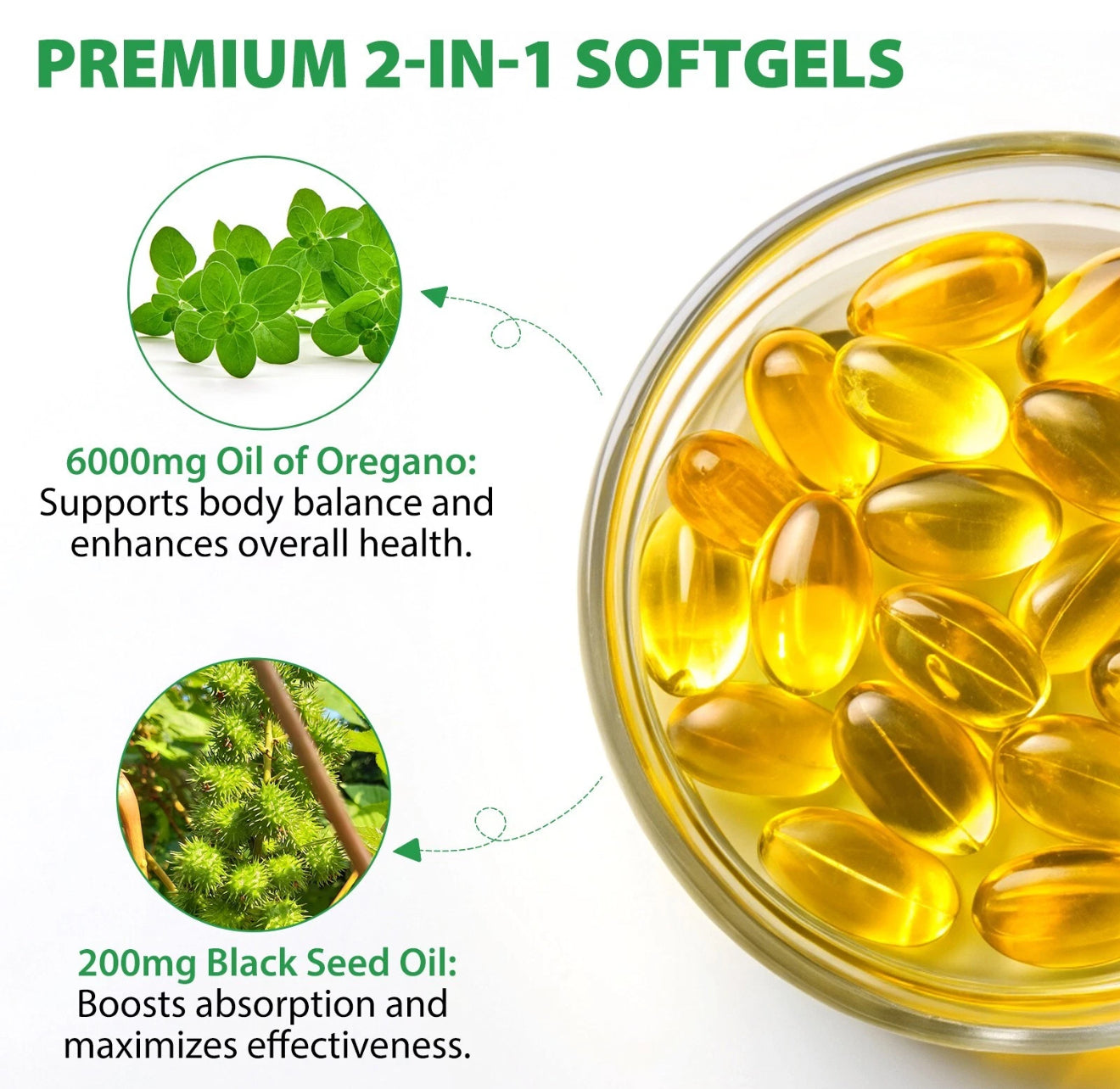 Oregano Oil Capsules, 2 in 1 6000mg Oil of Oregano with Black Seed Oil, Oregano Oil Supplement Capsules, Immune, Digestive Support & Antioxidant, Non-GMO, Gluten Free