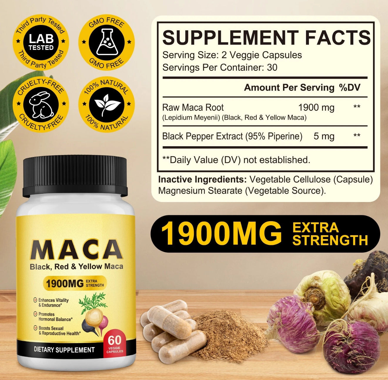 Organic Maca Root Black, Red, Yellow 1900 MG per Serving - 60 .