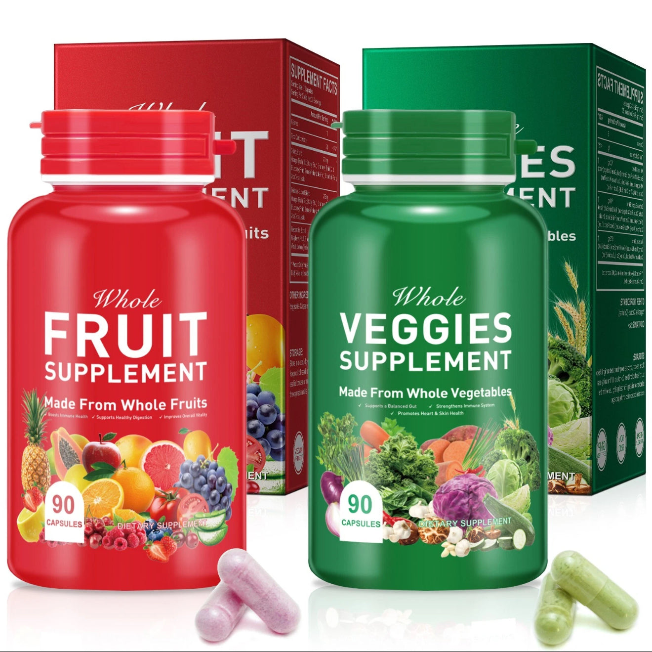 Fruits and Veggies Supplement - 90 Fruit and 90 Vegetable Capsules - 100% Whole Natural Superfood - Filled with Vitamins and Minerals .