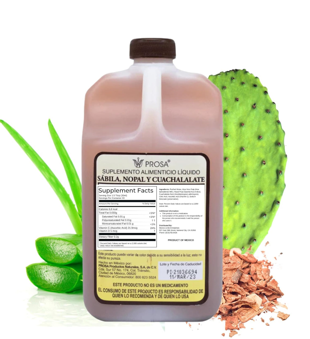 PROSA Aloe Vera, Nopal Cactus, and Cuachalalate Herbal Supplement – 33.8 fl oz (1.05 qt / 1L) – with Vitamin C for Digestive & Immune Support