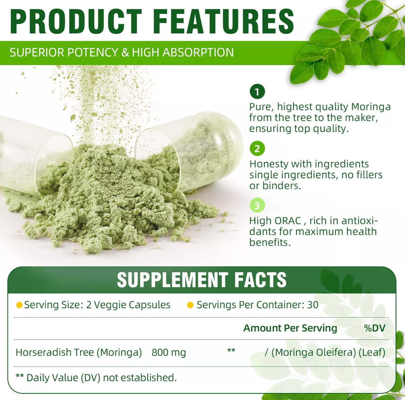 Moringa Capsules - 60 Capsules | Pure Moringa Oleifera Leaf Powder Supplement | Powerful Green Superfood | Super Greens Powder Pills | Non-GMO