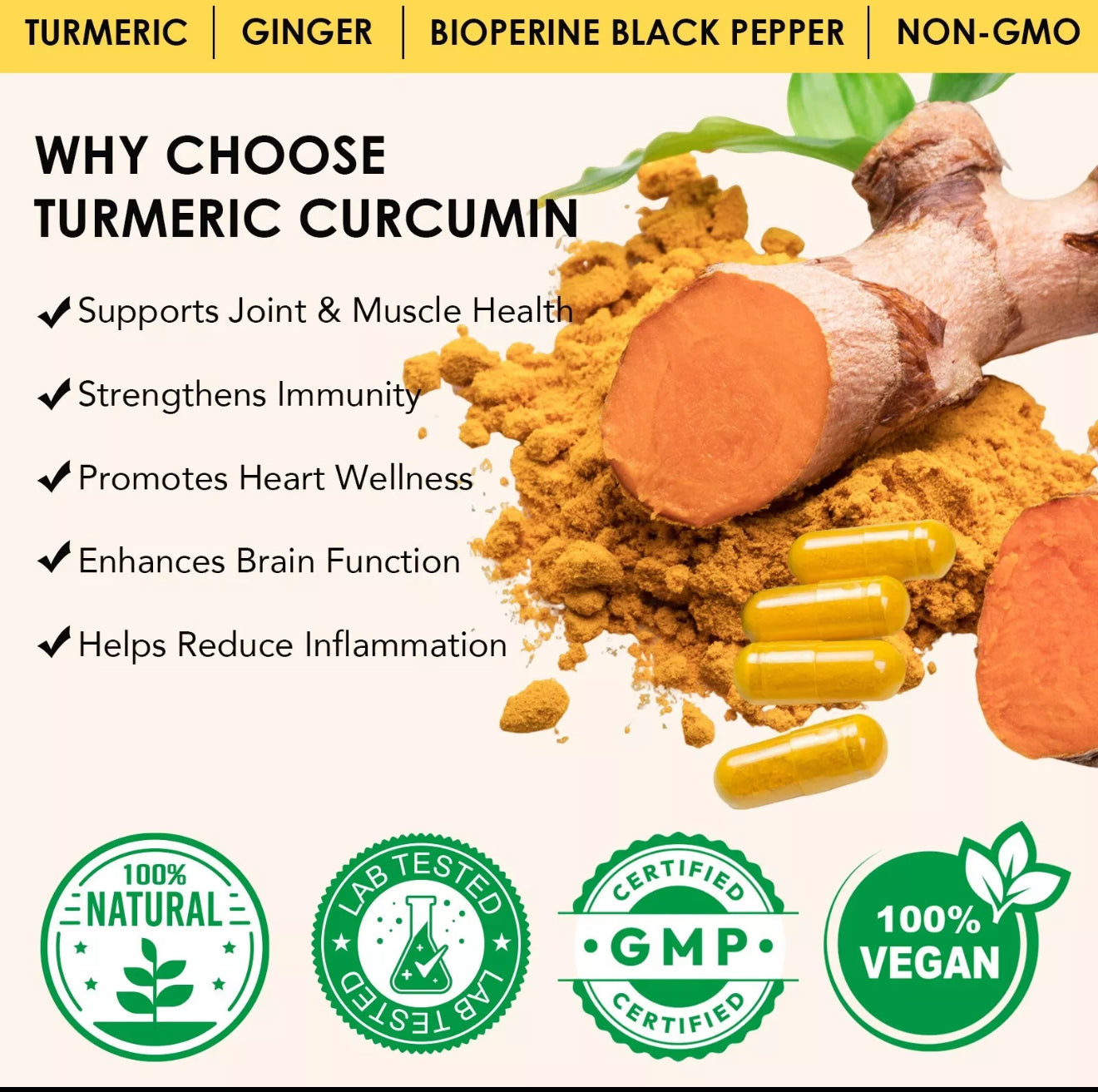 Turmeric Curcumin Capsules with Ginger & Black Pepper – 1500mg Herbal Blend – 60 Capsules