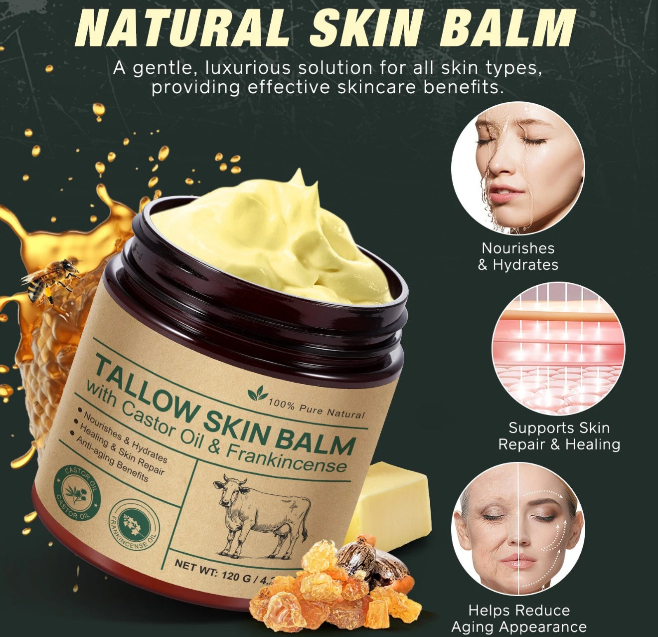 Frankincense & Castor Oil Beef Tallow Grass Fed & Finished Organic Moisturizer for Skin Hydrating & Nourishing for Cracked, Dry Skin Age Defying