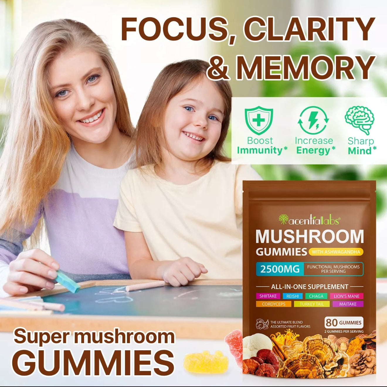 Mushroom Supplement Gummies, 10-in-1 Organic Mushroom Gummy Blend, Advanced Mushroom Complex with Reishi.
