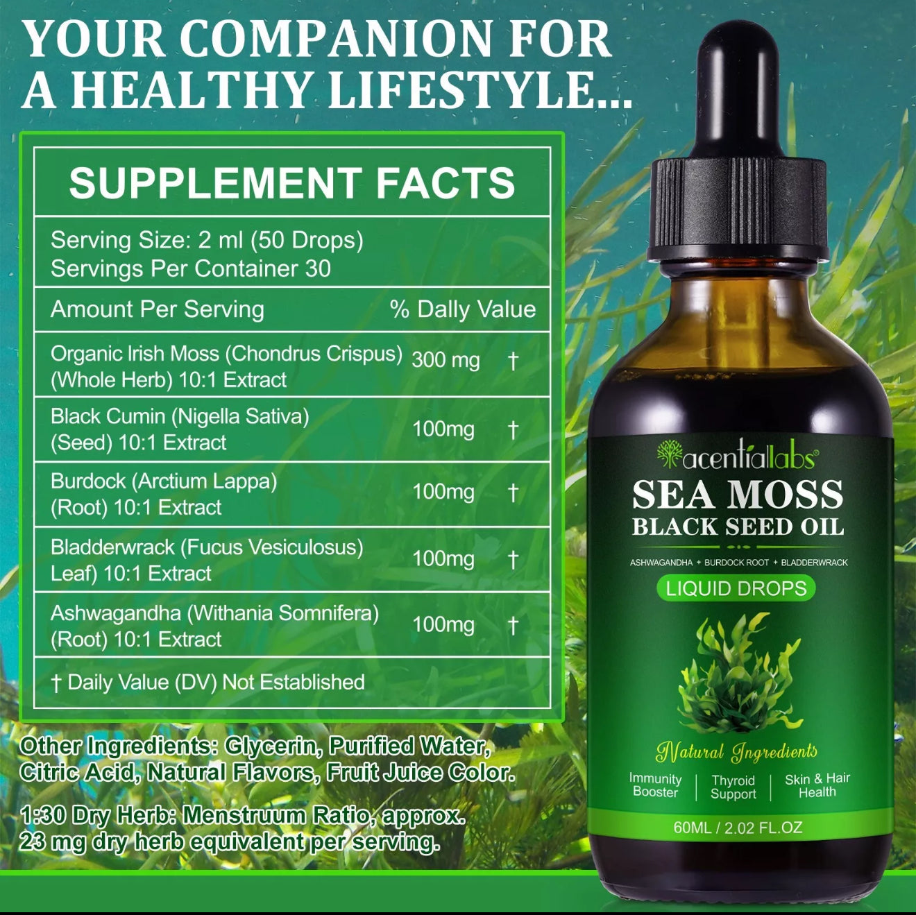 6in1 Sea Moss Liquid Drops with Black Seed Oil & Irish Sea Moss Gel Including Burdock Root, Bladderwrack.