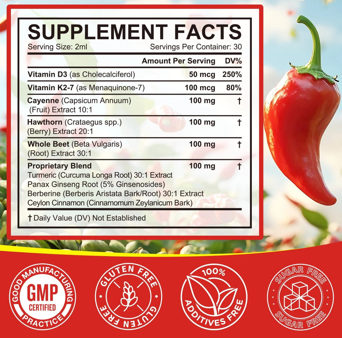 Organic Cayenne Pepper Liquid Drops with Hawthorn Berry, Beetroot & Turmeric – Immune & Circulation Support, Vitamin K2 D3 Supplement for Vascular Health, Gluten Free, 2 Fl Oz