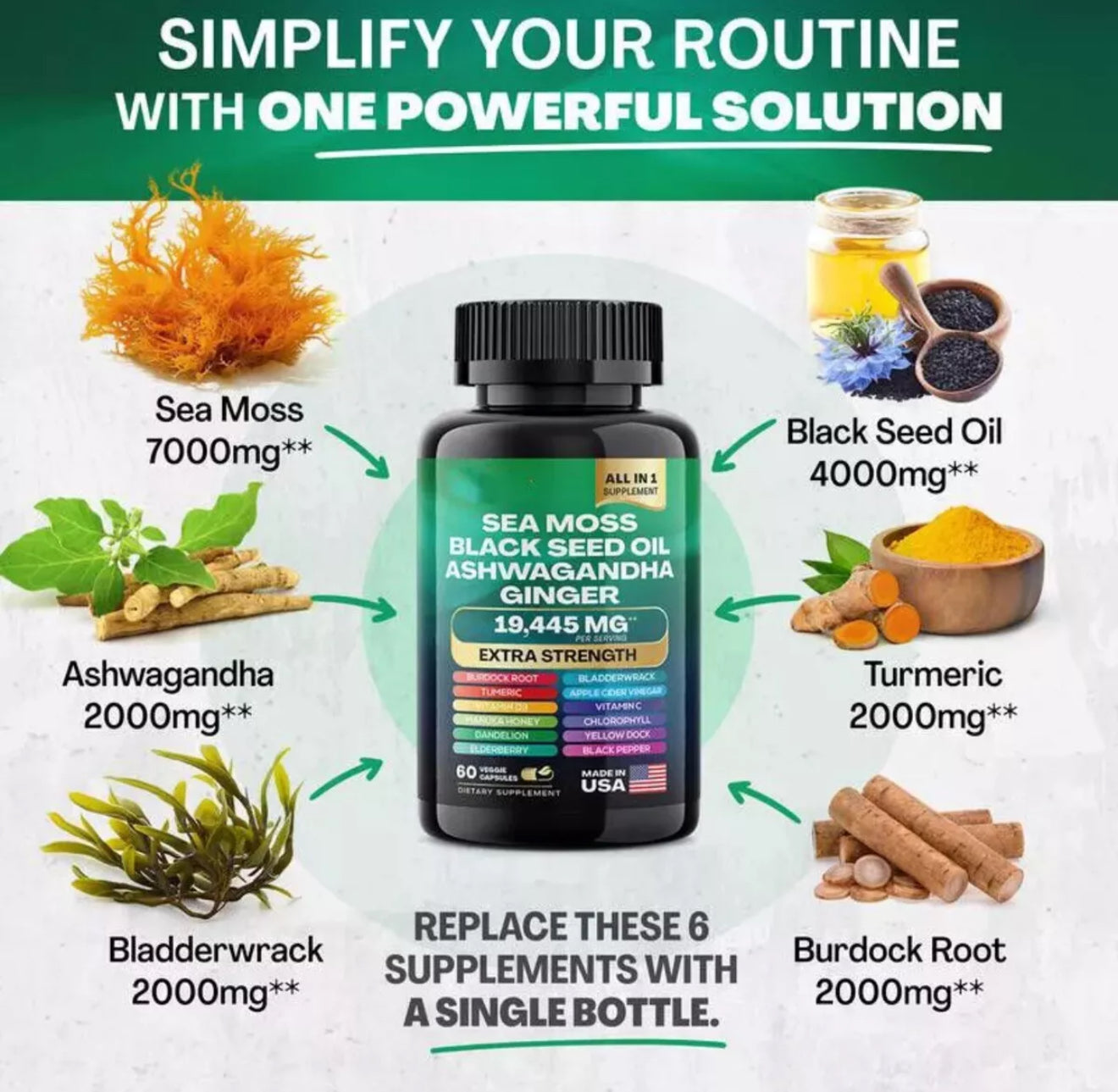 Sea Moss, Black Seed Oil, Ashwagandha, Turmeric, Ginger (16 in 1 Multivitamin)