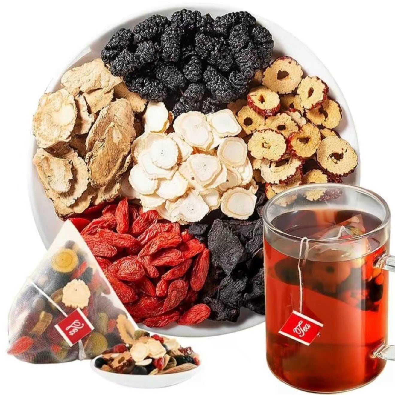 Ginseng six treasure tea formula, kidney tea , liver tea , red date tea wolf berry tea mulberry men’s tea.