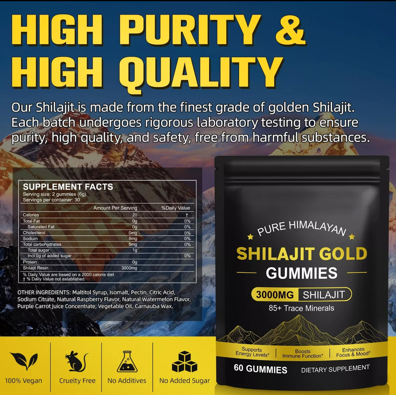 Pure Himalayan Shilajit Gummies Gold I No Added Sugar I Fulvic Acid for Men, Women I Non-GMO I 100% Natural & Organic I 60 Gummy I Pouch