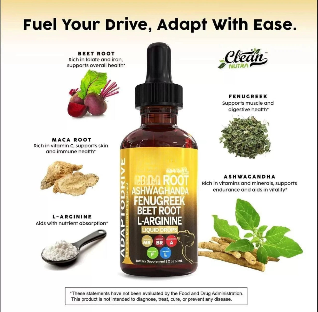 Organic Maca Root Liquid Drops with Ashwagandha, Fenugreek, Beet Root and L-Arginine Liquid Multivitamin for Women and Men - Adapto Drive