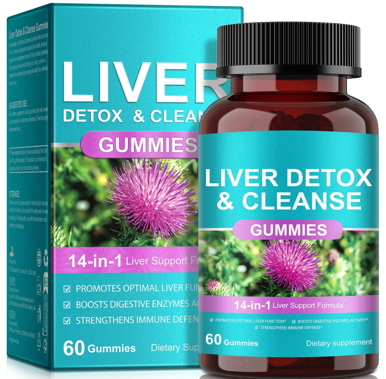 Liver Cleanse Detox & Repair 14in 1 Formula - Milk Thistle, Dandelion Root, Turmeric, Artichoke Extract & More) Vegan - 60 gummies