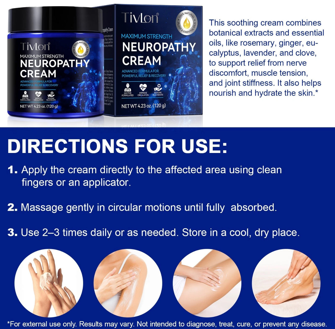 Tivlon Neurocalm Cream 120g Bottle, Natural Plant Oils & Essential Oils, Relieves Nerve Pain & Muscle Tension, Deep Moisturizing Skin Care, Neuropathy Relief Cream