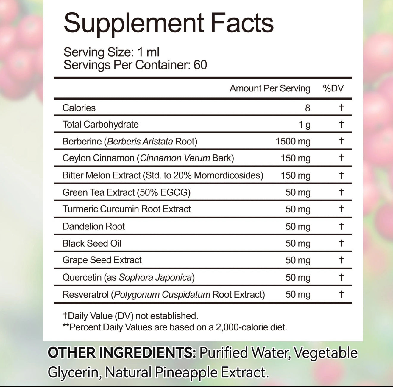 10in1 Berberine with Ceylon Cinnamon Supplement Liquid Drops + Bitter Melon Extract, Turmeric, Black seed Oil , Grape seed oil , Resveratrol – Supports Healthy Blood Sugar & Heart Wellness