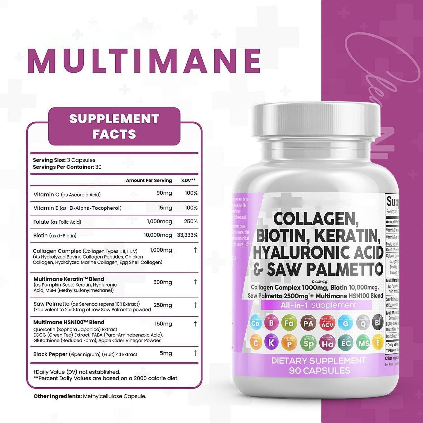 Collagen Pills Biotin Keratin Saw Palmetto Hyaluronic Acid - Hair Skin and Na...