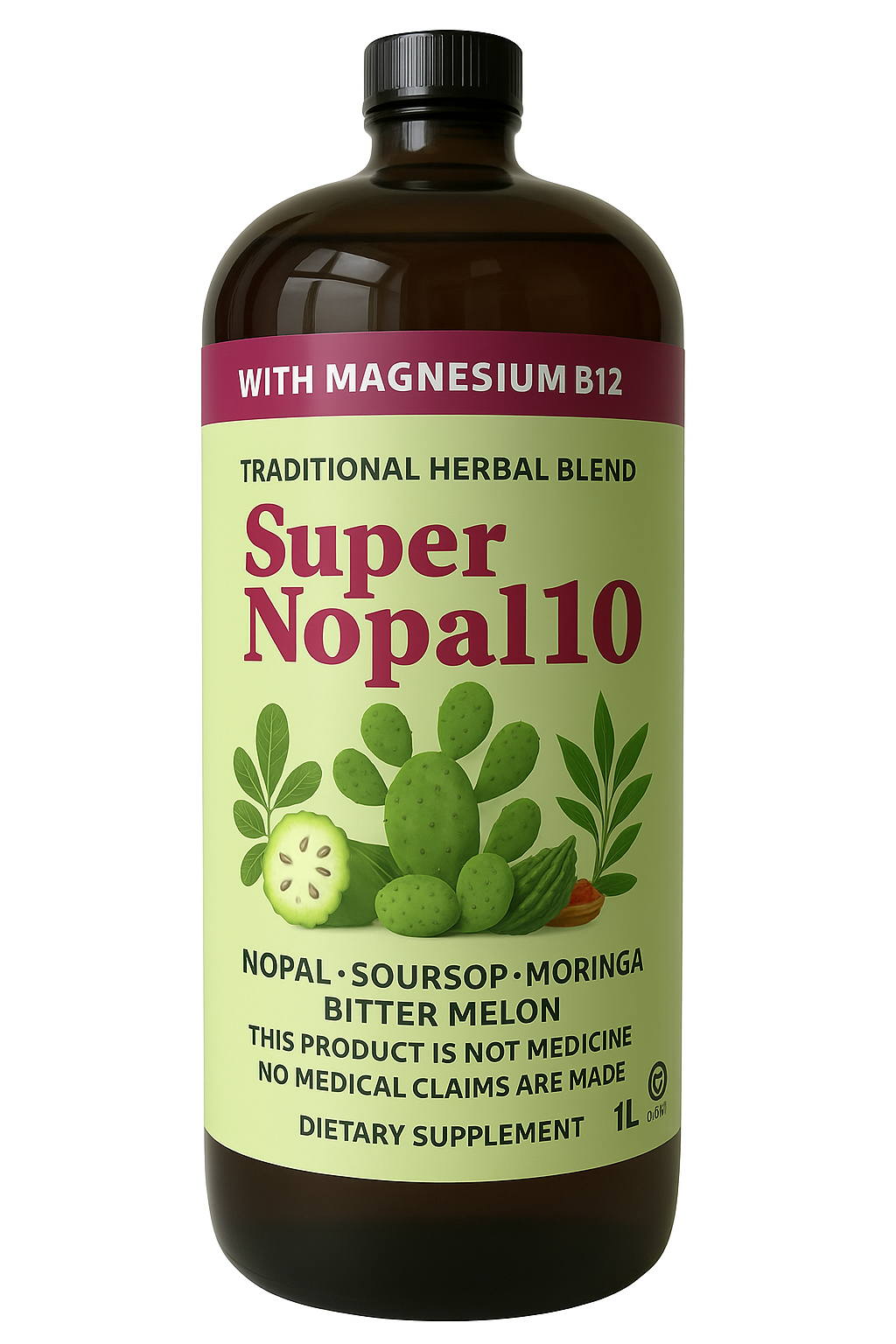 Extra Large 1,000ML Supero Nopal 10 Reinforced with Magnesium B12 - Herbal Supplement with Nezule Guanabana Moringa & Melon Amargo tonic
