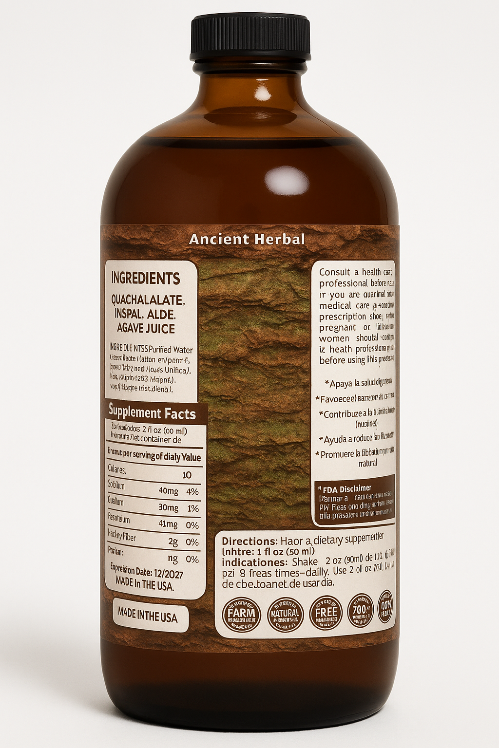 Aloe Vera, Nopal Cactus, and Cuachalalate Herbal Supplement – 33.8 fl oz (1.05 qt / 1L) – with Vitamin C for Digestive & Immune Support Made in USA
