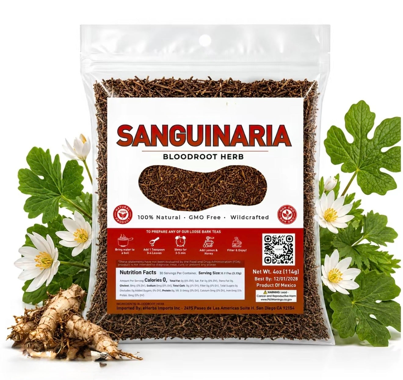 Sanguinaria Hierba Te, Blood root, Coon Root, Sanguinaria canadensis 4oz IMPORTED FROM MEXICO