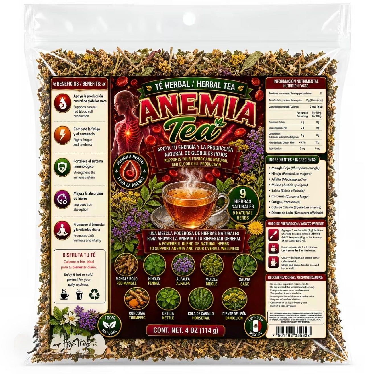 Anemia Tea Herbal Tea Blend with 9 Natural Herbs for Energy and Blood Production 4 oz w/ Mangle rojo, Muicle, Ortiga, Salvia, Diente de Leon , cola de caballo , ect