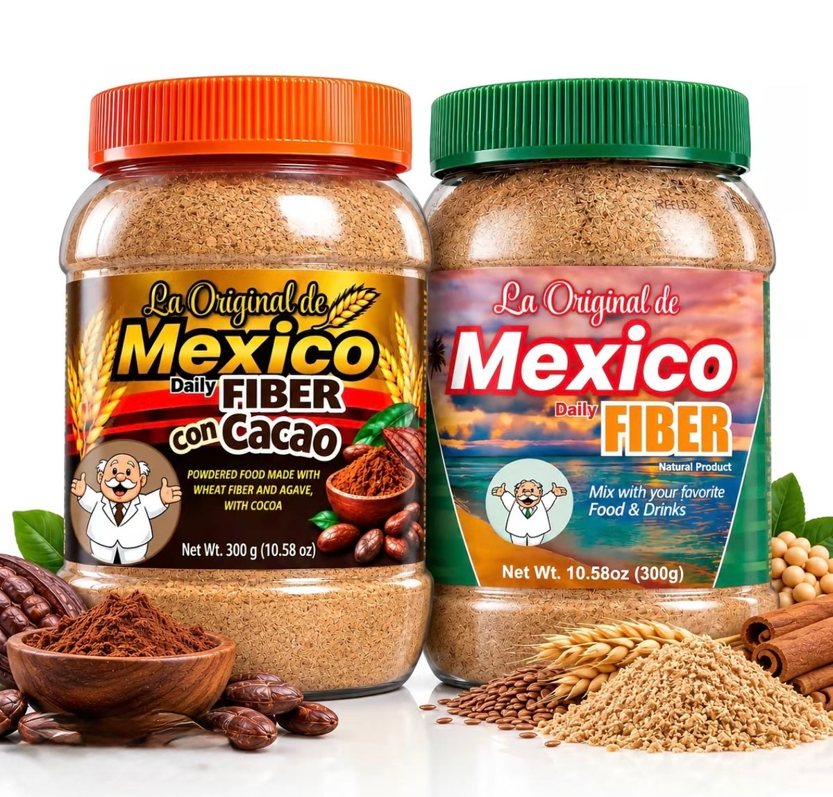 (BOTH MODELS) La Original Fibra de Mexico Daily Fiber + FIbra Con Cacao Supplement 300g (10.5oz) - New Packaging, Same Viral Formula, All-Natural Cocoa-Infused Wheat Bran & Maguey Blend, Clean Dietary Support, Smoothie-Friendly