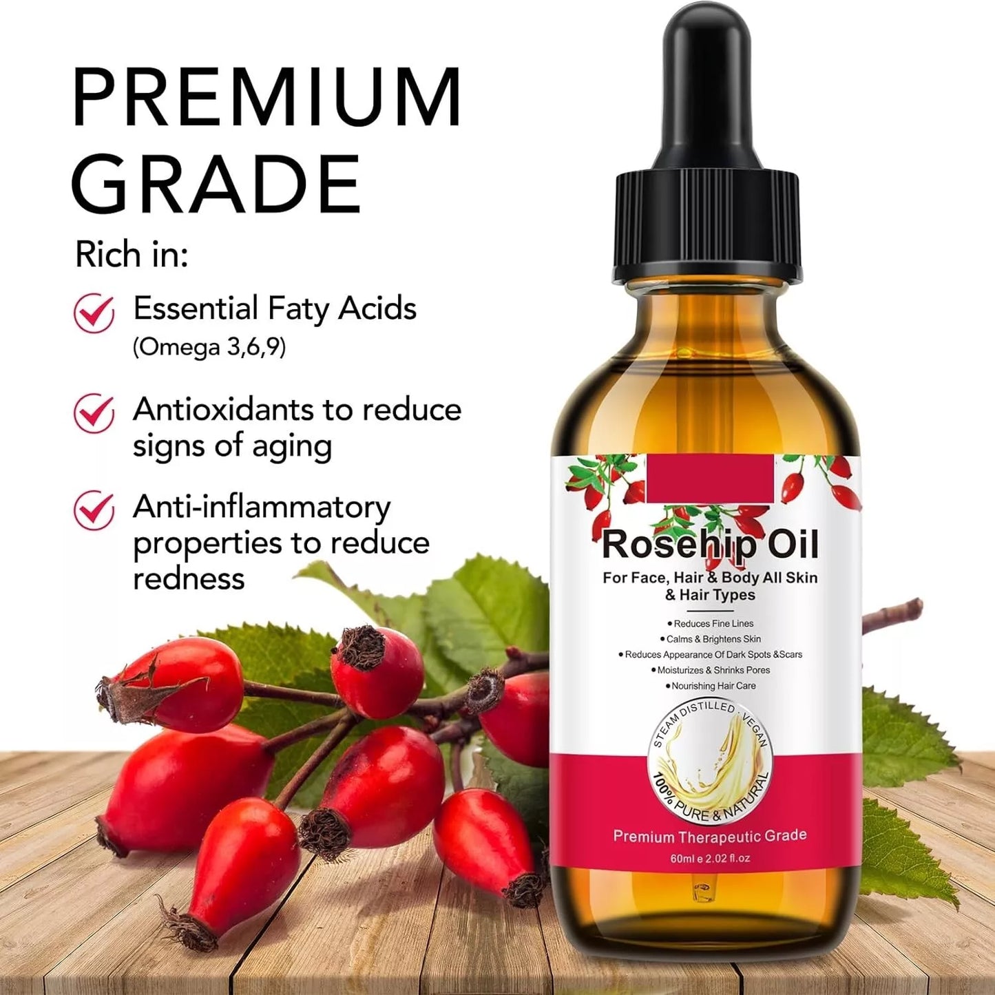 60ML Rosehip Oil Organic Rosehip Seed Oil for Skin, Facial Rosehip Essential oil
