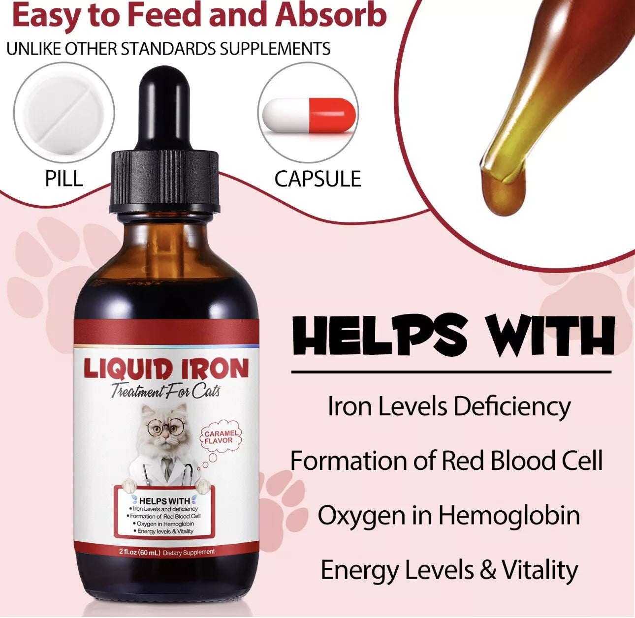 Liquid Iron for Cats Vitamin C & B12,Supports Anemia, Low Enegry and Lethargy