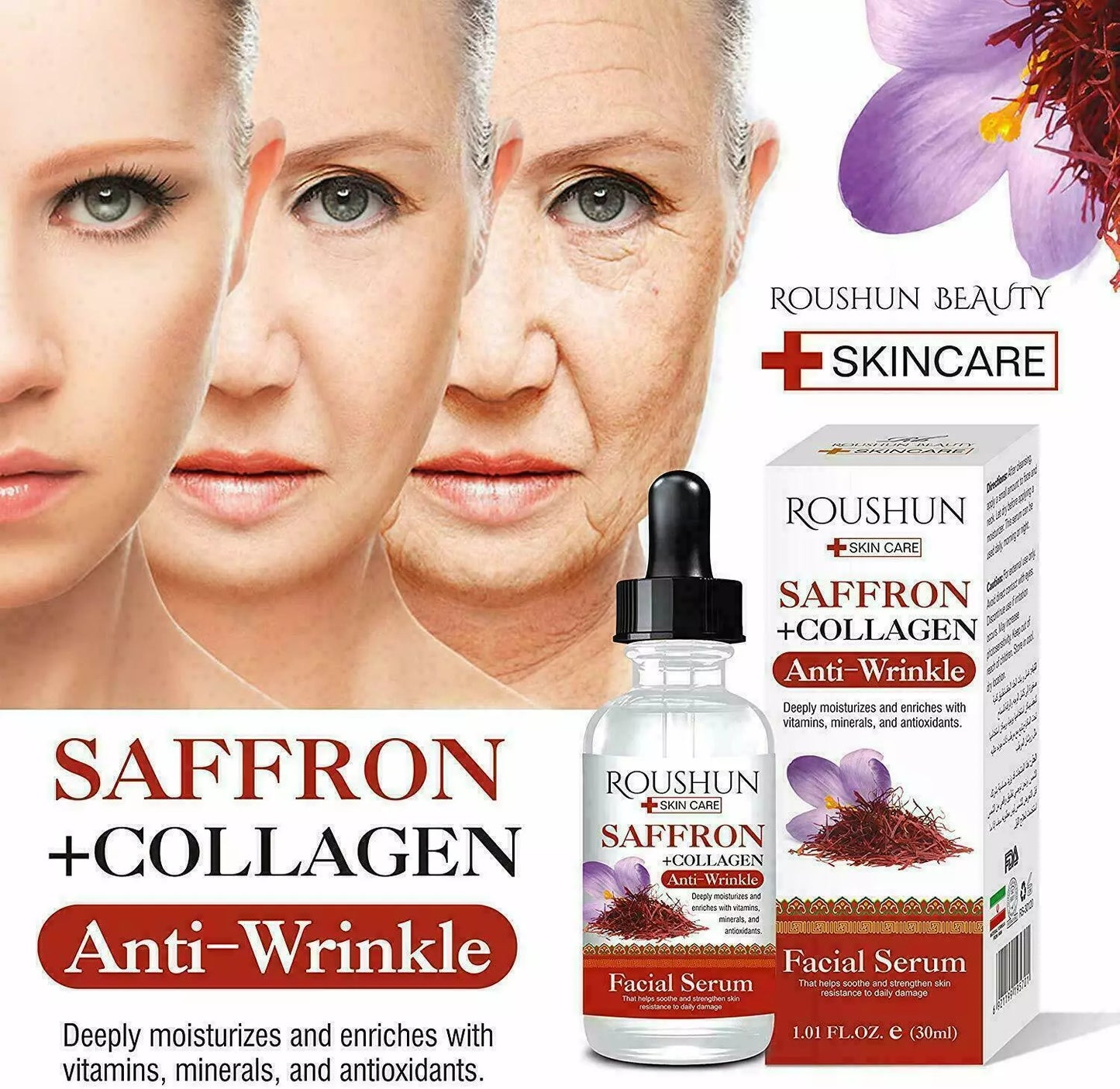 Saffron + Collagen Anti Wrinkle Facial Serum w Vitamins C Serum Hyaluronic Acid