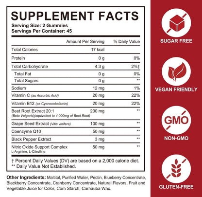 Beet Root Gummies 4000mg - 8-in-1 Heart & Circulation Support Supplement - High Potency Beet Chews with Beetroot, Grape Seed, CoQ10, Vitamin C & B12 - Mixed Berry Flavor, Vegan, 90 Count