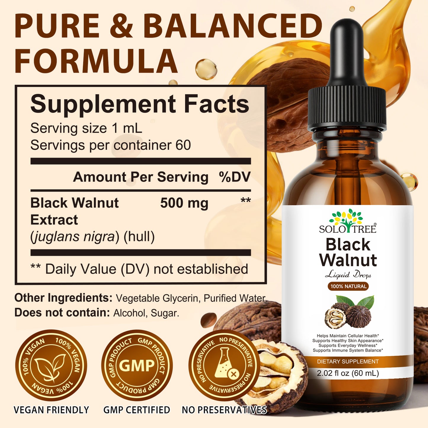 Black Walnut Liquid Drops - 500mg Juglans Nigra Extract - Supports Everyday Wellness, Digestive Balance & Cellular Harmony - Vegan, Alcohol-Free & Sugar-Free - 2.02 fl oz (60 mL)