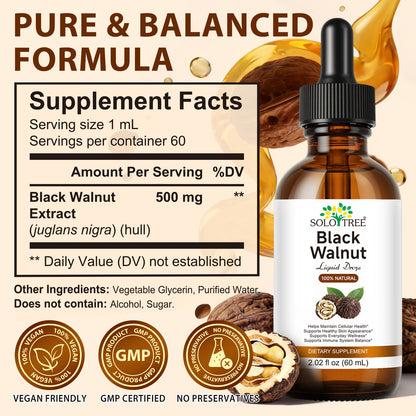 Black Walnut Liquid Drops - 500mg Juglans Nigra Extract - Supports Everyday Wellness, Digestive Balance & Cellular Harmony - Vegan, Alcohol-Free & Sugar-Free - 2.02 fl oz (60 mL)